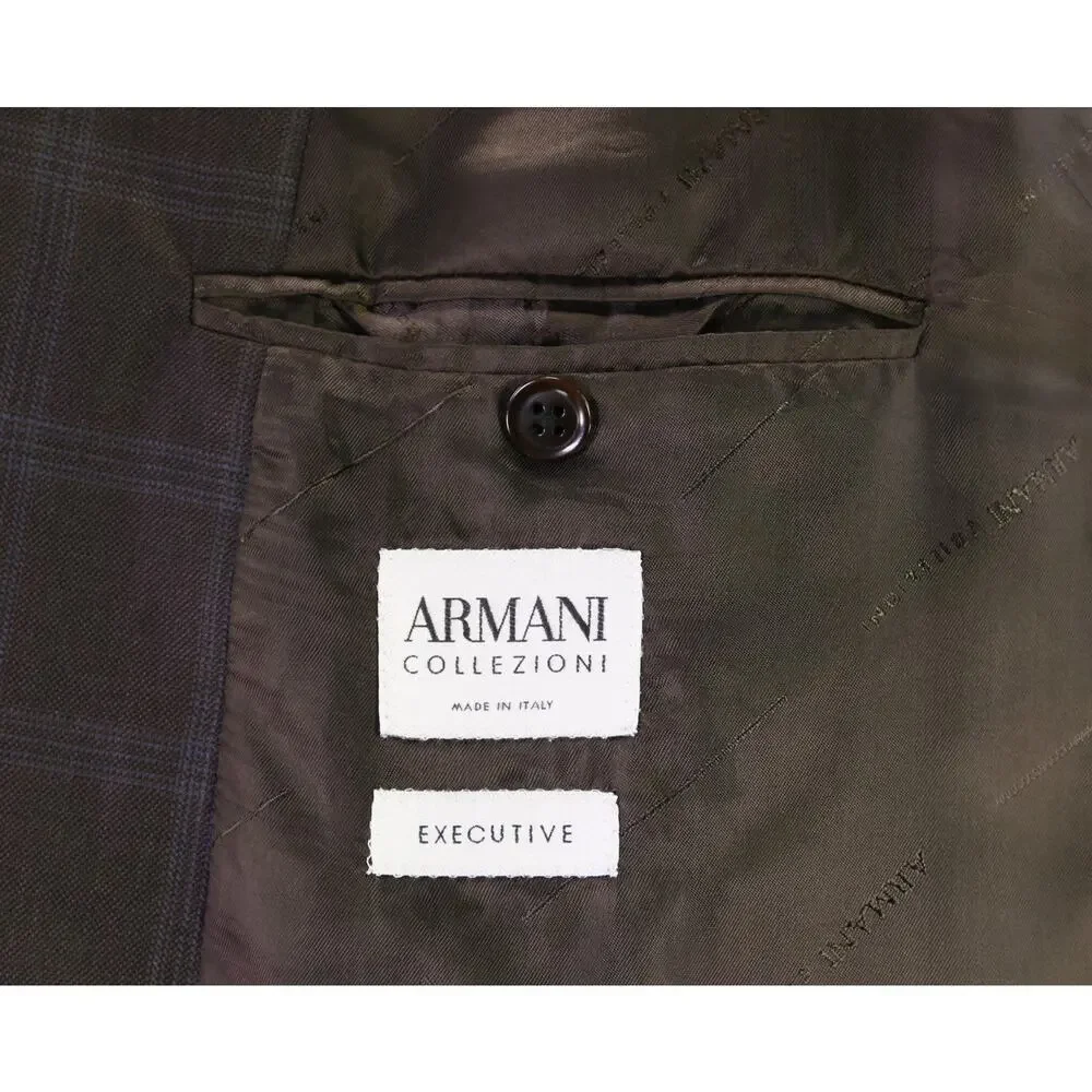 Armani Collezioni Brown w/ Sky Blue Windowpane Wool 2-Btn Sportcoat Blazer 44L